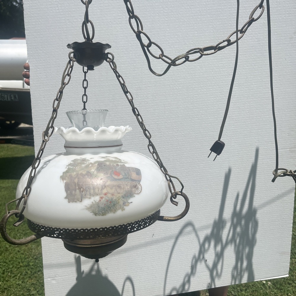 Vtg Aladdin Electric Milk Glass Library Hanging Lamp Chandelier 10" Stagecoach - Picture 2 of 16
